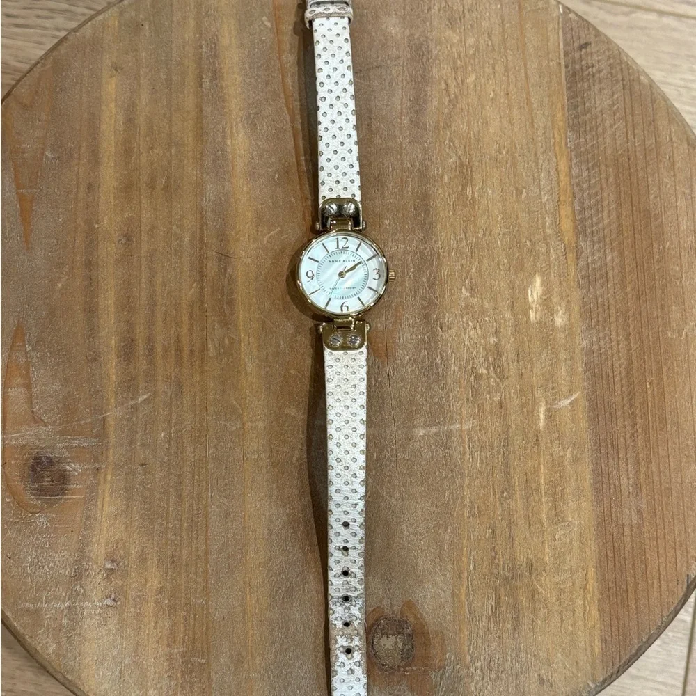 Anne Klein Watch Womens Gold Leather Band Polka Dot